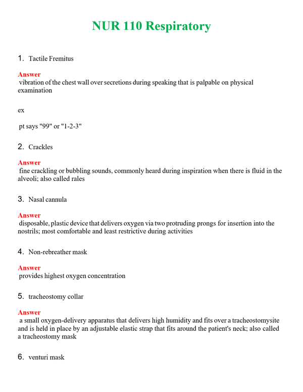 NUR 110 RESPIRATORY | LATEST QUESTIONS WITH COMPLETE GRADE A++ ANSWERS