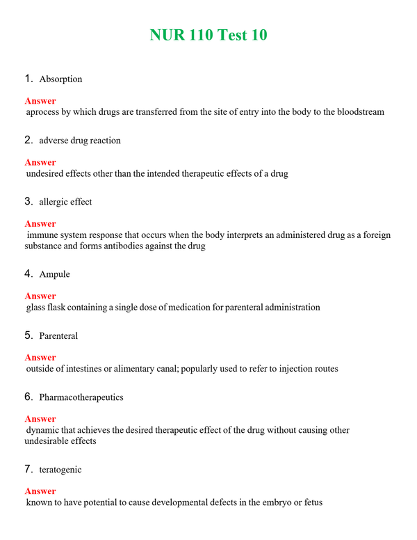 NUR 110 TEST 10 | QUESTIONS AND ANSWERS INCLUDED