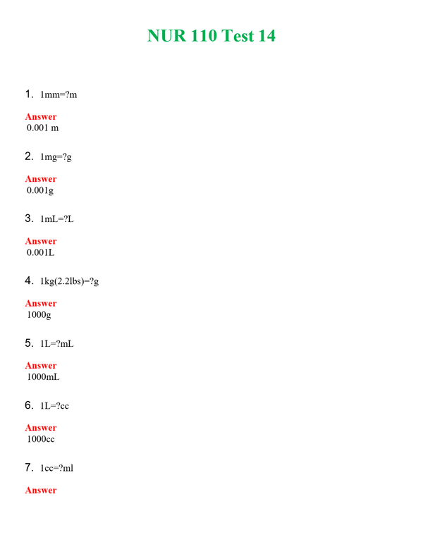 NUR 110 TEST 14 | GRADED A+ SOLVED 100% CORRECT