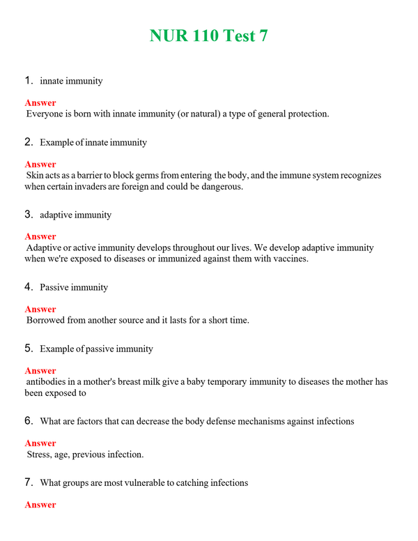 NUR 110 TEST 7 | GRADED A+ QUESTIONS & ANSWERS