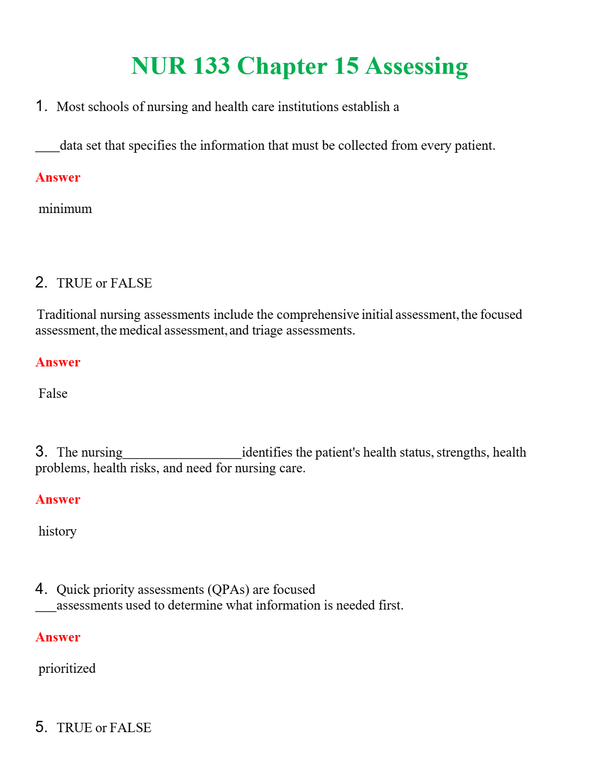 NUR 133 CHAPTER 15 ASSESSING | NEW FULL QUESTIONS AND ANSWERS 100% CORRECT
