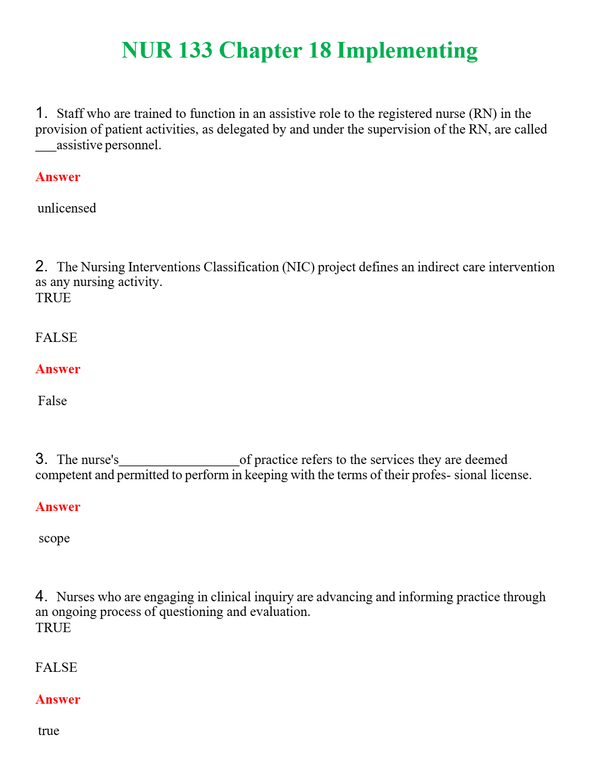 NUR 133 CHAPTER 18 IMPLEMENTING | GRADED A+ QUESTIONS & ANSWERS