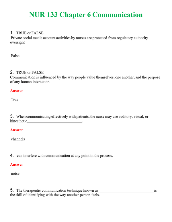 NUR 133 CHAPTER 6 COMMUNICATION | COMPLETE ANSWERS 100% CORRECT
