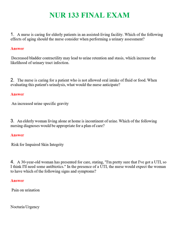 NUR 133 FINAL EXAM | QUESTIONS AND ANSWERS INCLUDED