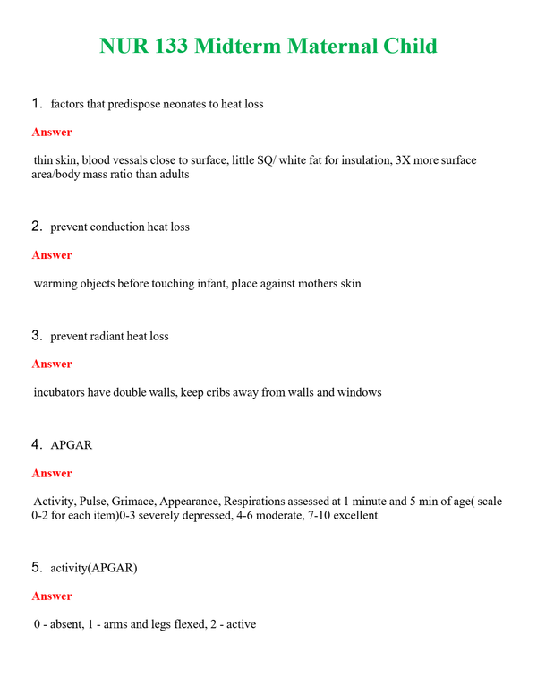 NUR 133 MIDTERM MATERNAL CHILD | GRADED A+ SOLVED 100% CORRECT
