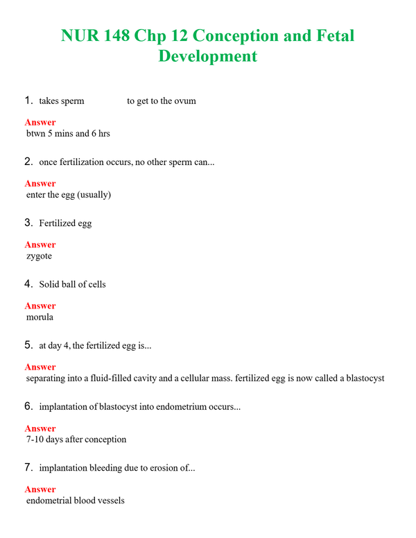 NUR 148 CHP 12 CONCEPTION AND FETAL DEVELOPMENT | GRADED A+ SOLVED 100% CORRECT