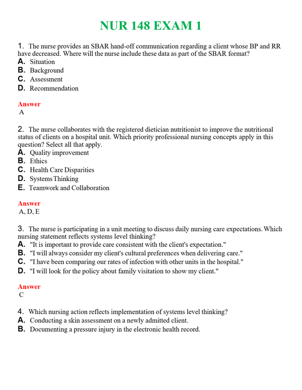 NUR 148 EXAM 1 | QUESTIONS AND ANSWERS INCLUDED