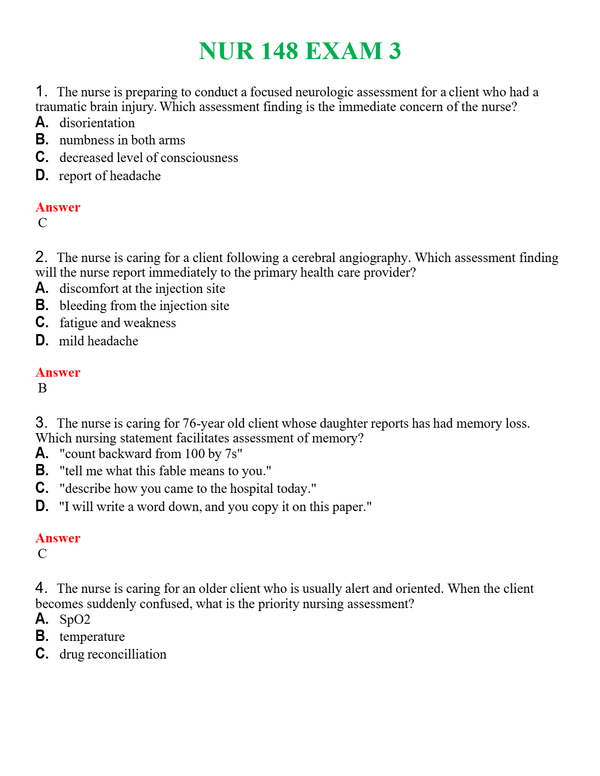 NUR 148 EXAM 3 | COMPLETE ANSWERS 100% CORRECT