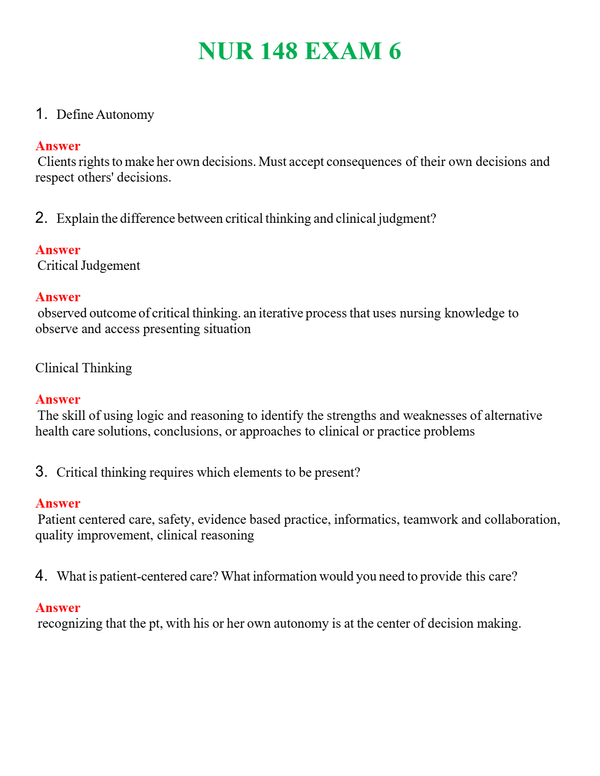 NUR 148 EXAM 6 | NEW FULL QUESTIONS AND ANSWERS 100% CORRECT