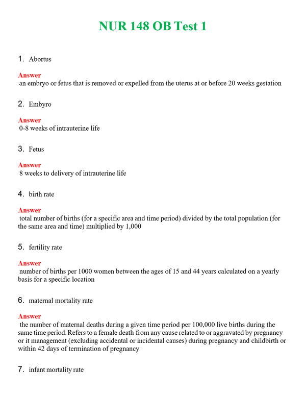 NUR 148 OB TEST 1 | GRADED A+ QUESTIONS & ANSWERS