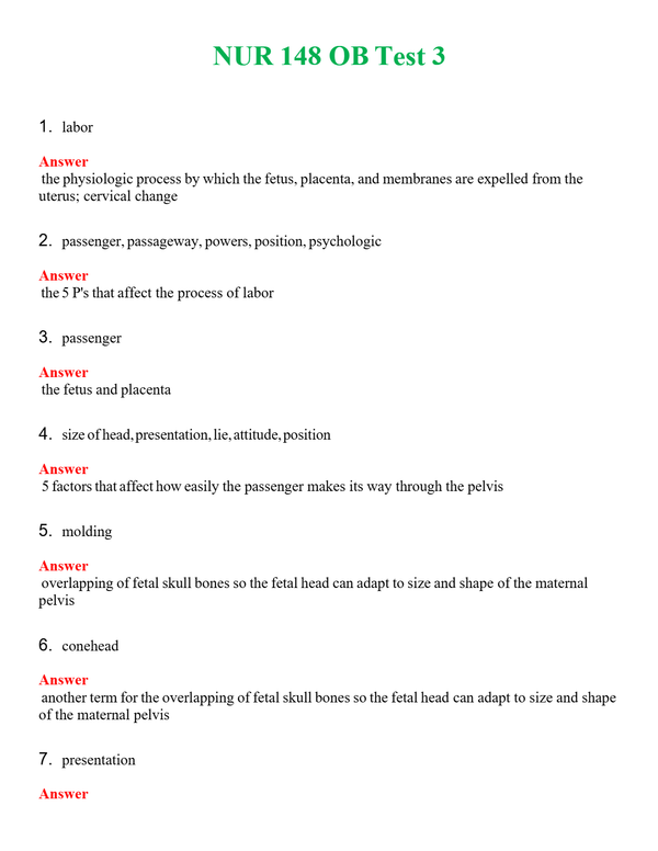 NUR 148 OB TEST 3 | A SOLVED 100% CORRECT