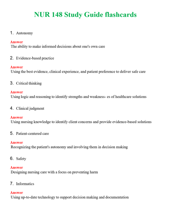 NUR 148 STUDY GUIDE FLASHCARDS | A+ RATED GUIDE | QUESTIONS AND ANSWERS (SOLVED)
