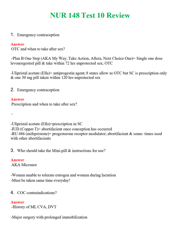 NUR 148 TEST 10 REVIEW | WITH 100% VERIFIED ANSWERS