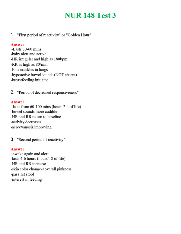NUR 148 TEST 3 | A+ RATED GUIDE | QUESTIONS AND ANSWERS (SOLVED)