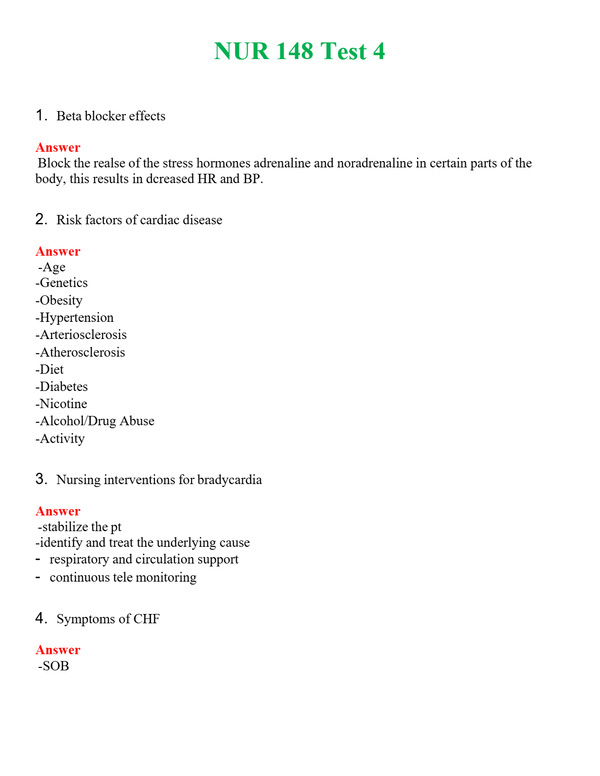 NUR 148 TEST 4 | QUESTIONS & ANSWERS (SOLVED)