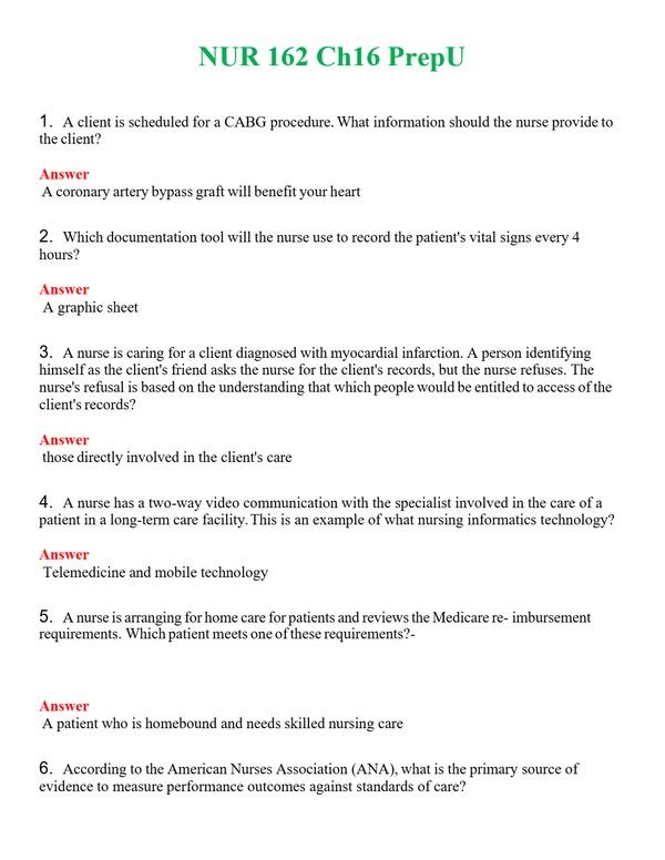 NUR 162 CH16 PREPU | QUESTIONS & ANSWERS (SOLVED)