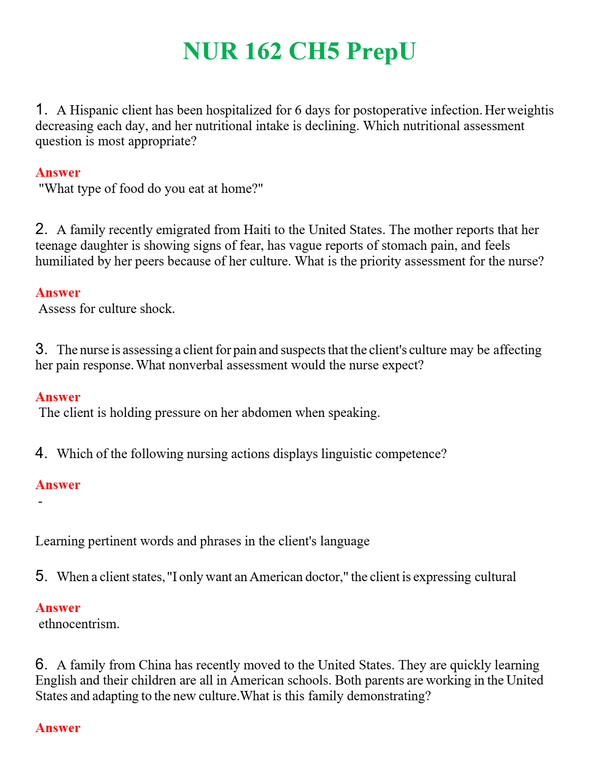 NUR 162 CH5 PREP U | A+ RATED GUIDE | QUESTIONS AND ANSWERS (SOLVED)