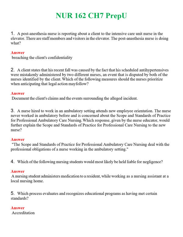NUR 162 CH7 PREPU | WITH 100% VERIFIED ANSWERS