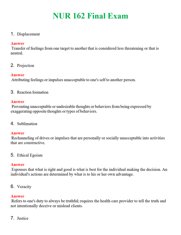 NUR 162 FINAL EXAM | COMPLETE ANSWERS 100% CORRECT