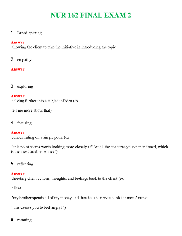 NUR 162 FINAL EXAM 2 | NEW FULL QUESTIONS AND ANSWERS 100% CORRECT