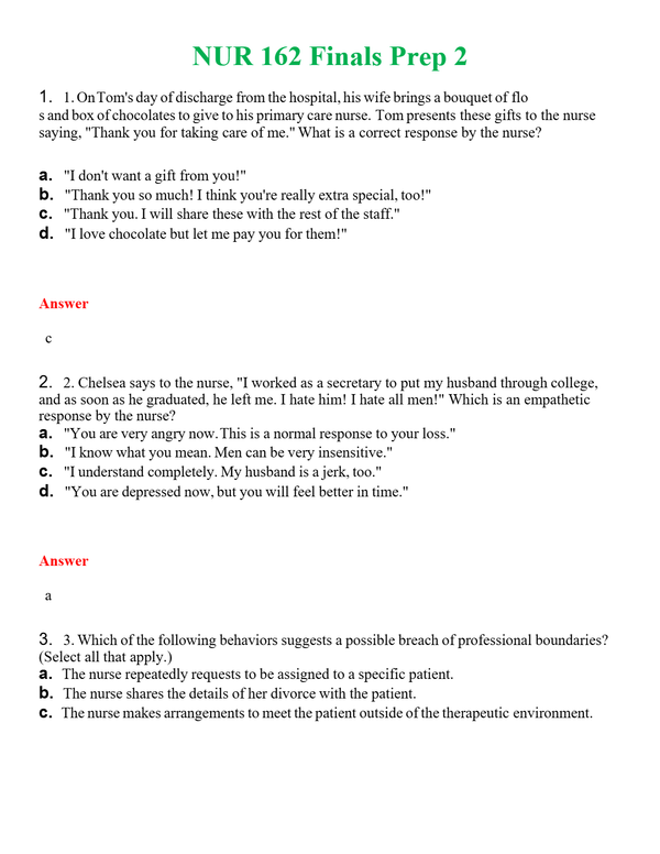 NUR 162 FINALS PREP 2 | QUESTIONS AND ANSWERS INCLUDED