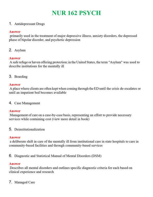 NUR 162 PSYCH | LATEST QUESTIONS WITH COMPLETE GRADE A++ ANSWERS