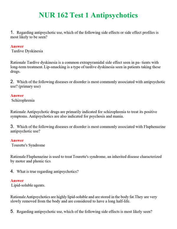 NUR 162 TEST 1 ANTIPSYCHOTICS | COMPLETE ANSWERS 100% CORRECT