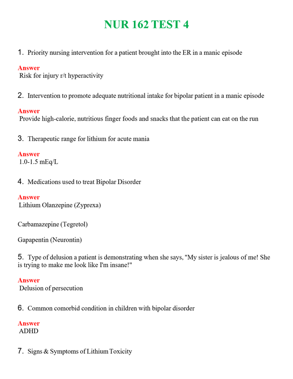 NUR 162 TEST 4 | ACTUAL QUESTIONS AND ANSWERS 100% CORRECT