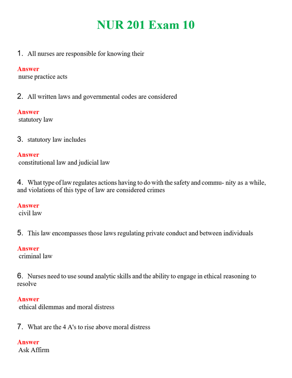 NUR 201 EXAM 10 | QUESTIONS & ANSWERS (SOLVED)