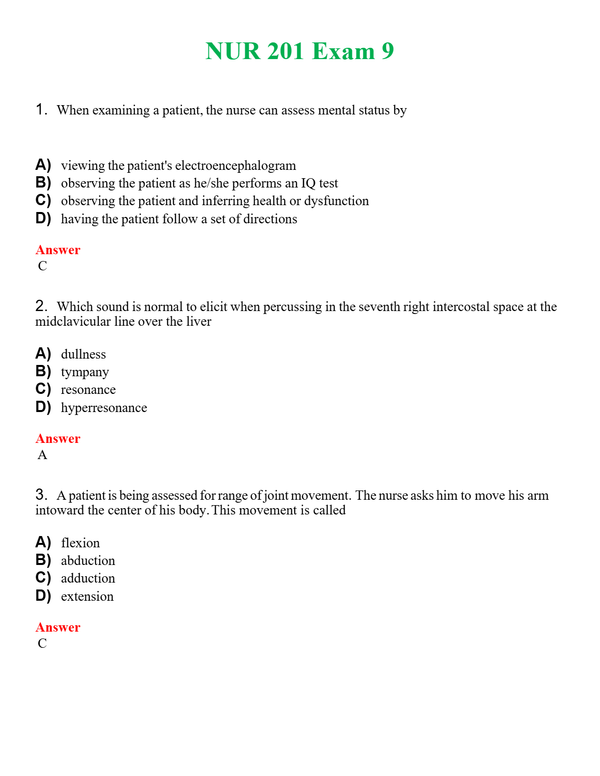 NUR 201 EXAM 9 | LATEST QUESTIONS WITH COMPLETE GRADE A++ ANSWERS