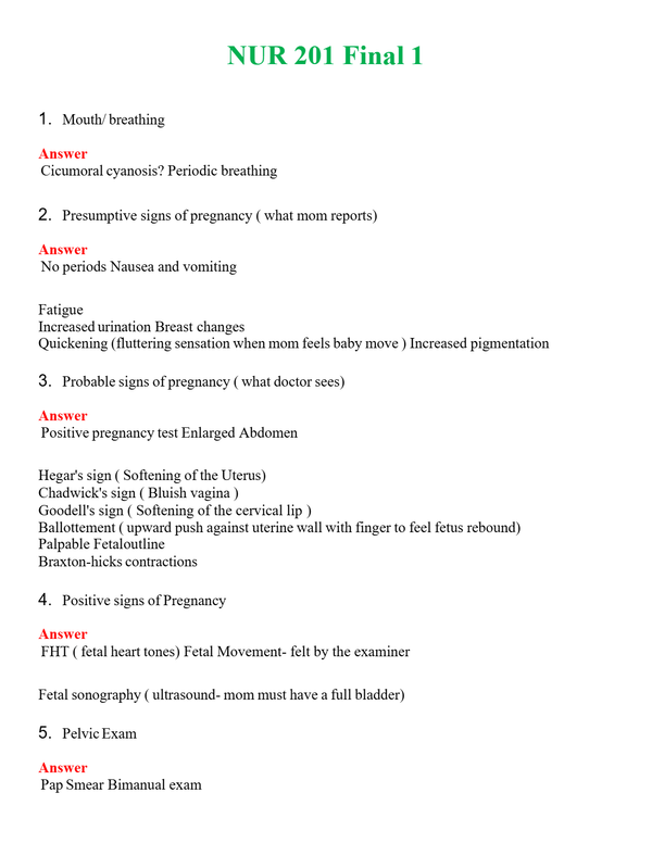 NUR 201 FINAL 1 | (ACTUAL EXAM ) QUESTIONS AND ANSWERS (SOLVED)