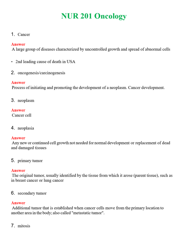 NUR 201 ONCOLOGY | GRADED A+ QUESTIONS AND ANSWERS (SOLVED)