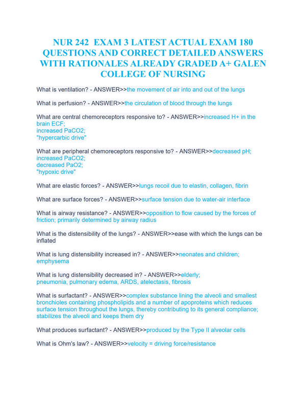 NUR 242 Exam 3 – 180 Actual Questions with Correct Answers & Rationales (Galen College of Nursing, 2025 Update)