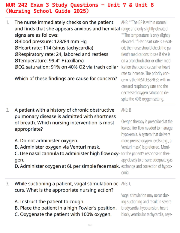 NUR 242 Exam 3 Study Questions – Unit 7 & Unit 8 (Nursing School Guide 2025)