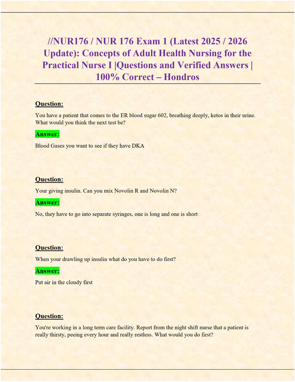 NUR176 Exam 1 | Adult Health Nursing Concepts | Verified Questions & 100% Correct Answers (Hondros 2025/2026)