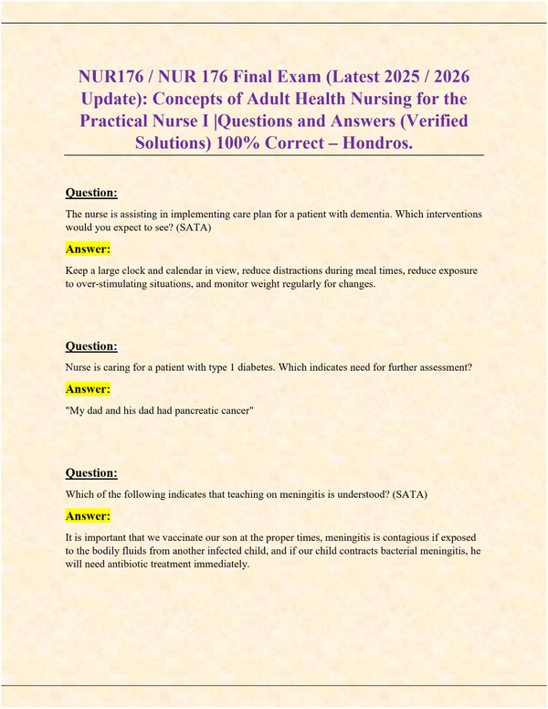 NUR176 Final Exam | Adult Health Nursing Concepts | Verified Questions & 100% Correct Solutions (Hondros 2025/2026)
