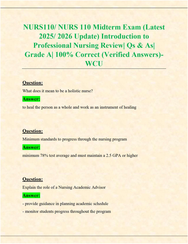 NURS 110 Midterm Exam (Latest 2025/2026 Update) | Introduction to Professional Nursing | Verified Questions & Answers | Grade A | 100% Correct – WCU