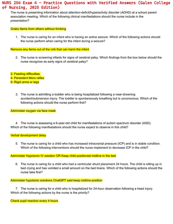 NURS 254 Exam 4 – Practice Questions with Verified Answers (Galen College of Nursing, 2025 Edition)