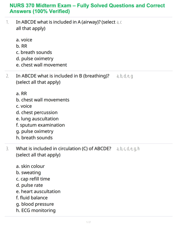 NURS 370 Midterm Exam – Fully Solved Questions and Correct Answers (100% Verified)