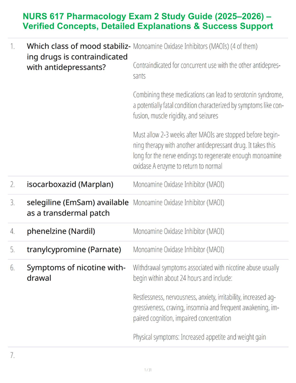 NURS 617 Pharmacology Exam 2 Study Guide (2025–2026) – Verified Concepts, Detailed Explanations & Success Support