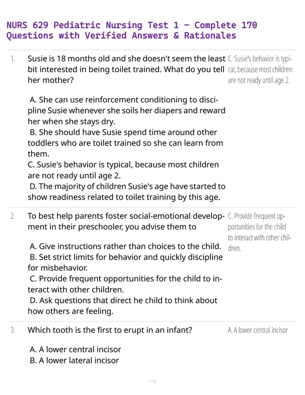 NURS 629 Pediatric Nursing Test 1 – Complete 170 Questions with Verified Answers & Rationales