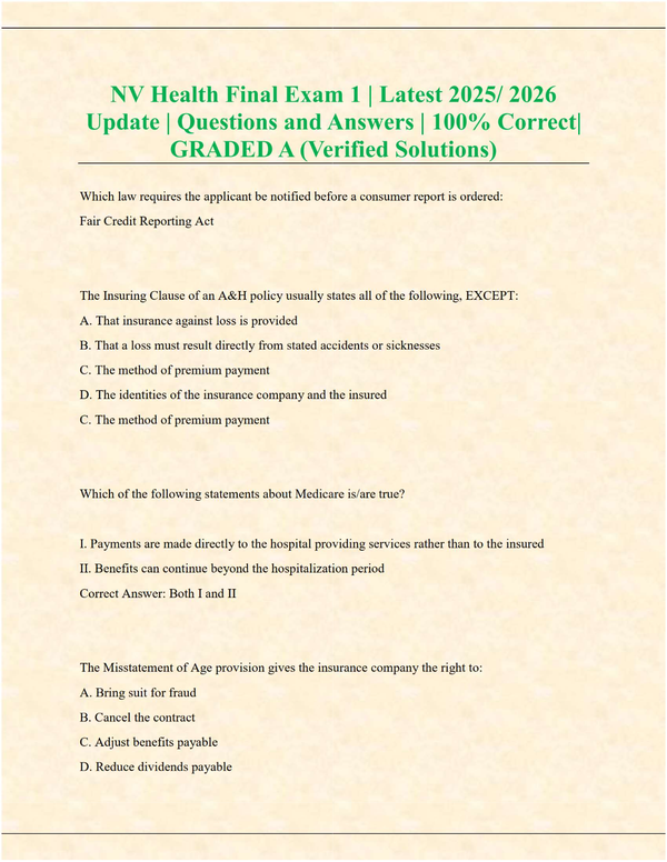 NV Health Final Exam 1 (Latest 2025/2026 Update) – Verified Questions & Answers | 100% Correct | Graded A