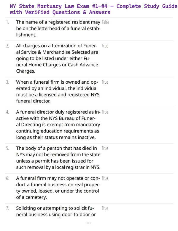 NY State Mortuary Law Exam #1–#4 – Complete Study Guide with Verified Questions & Answers