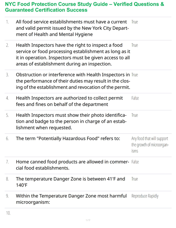 NYC Food Protection Course Study Guide – Verified Questions & Guaranteed Certification Success
