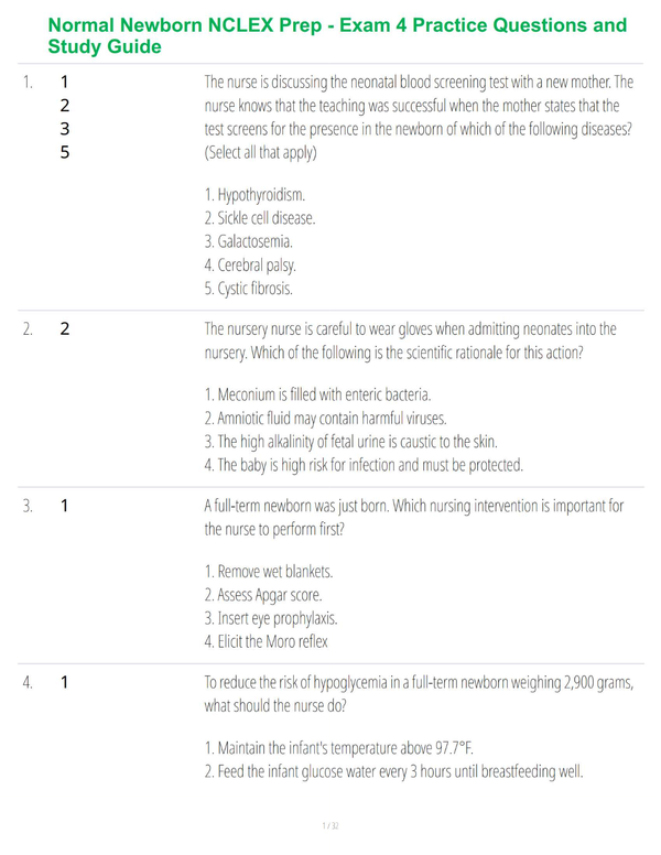 Normal Newborn NCLEX Prep - Exam 4 Practice Questions and Study Guide