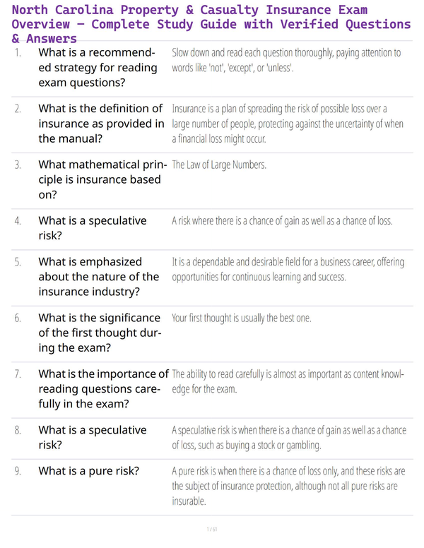 North Carolina Property & Casualty Insurance Exam Overview – Complete Study Guide with Verified Questions & Answers