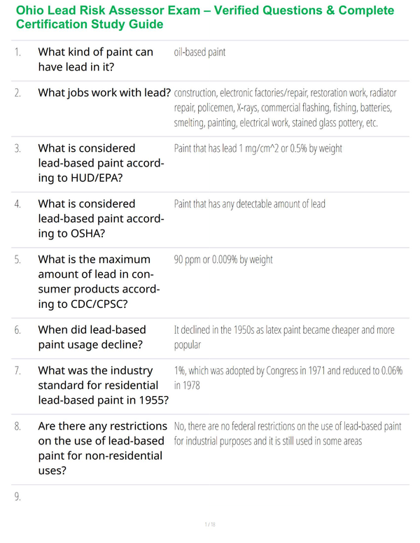 Ohio Lead Risk Assessor Exam – Verified Questions & Complete Certification Study Guide