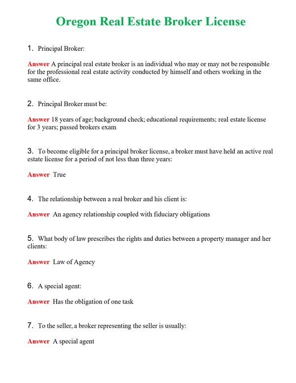 Oregon Real Estate Broker License Questions With Complete Grade A+ Answers