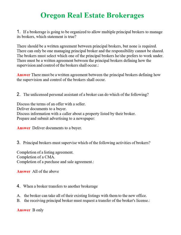 Oregon Real Estate Brokerages Questions With Complete Grade A+ Answers