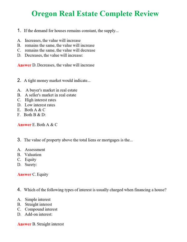 Oregon Real Estate Complete Review Questions With Complete Grade A+ Answers